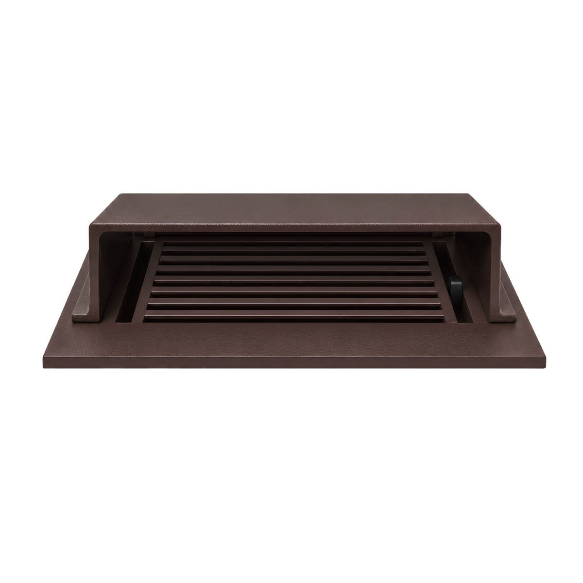 A brown deflector sand cast type installed in a floor register in a white background

