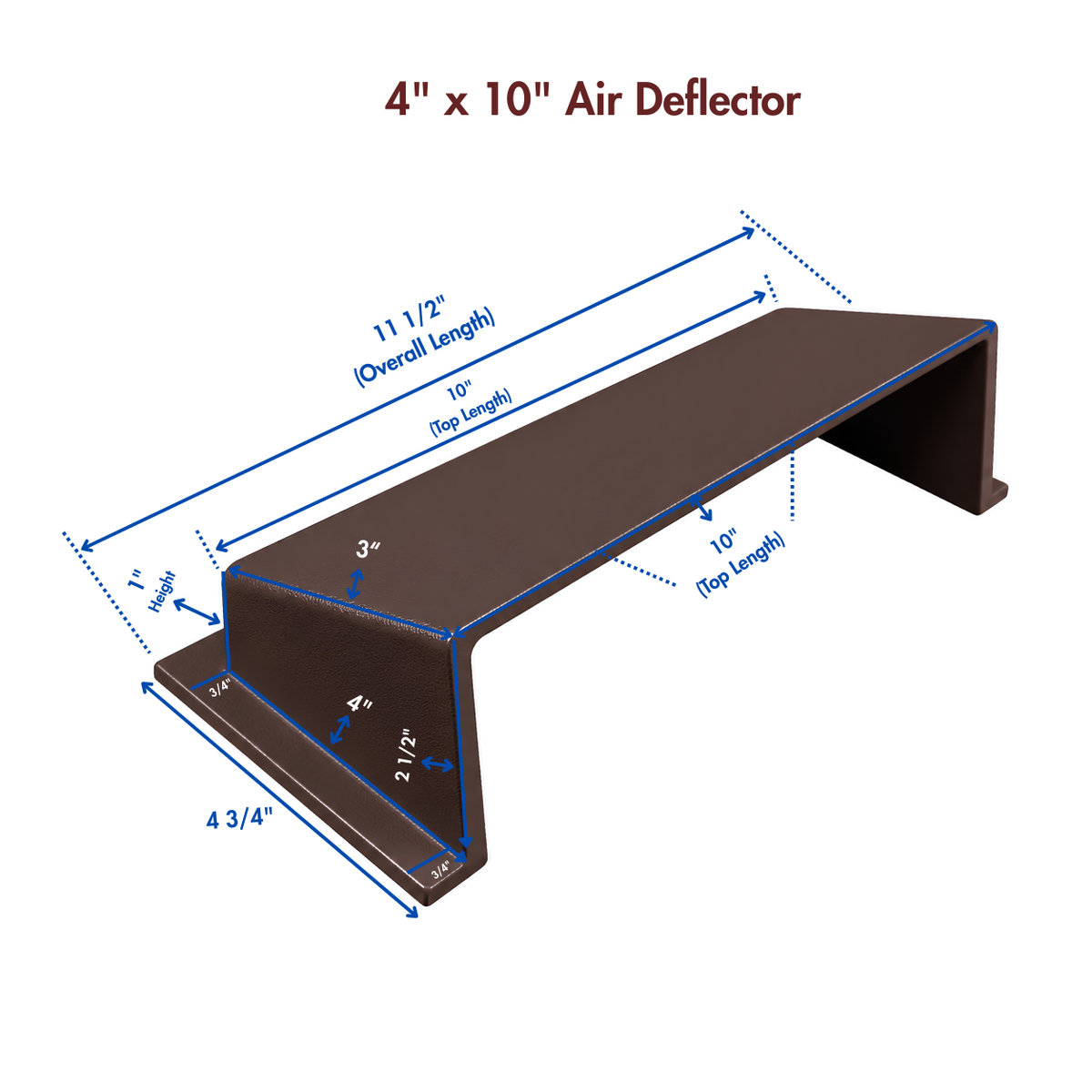 A brown deflector shown on a white background with blue dimension lines and text indicating measurements
