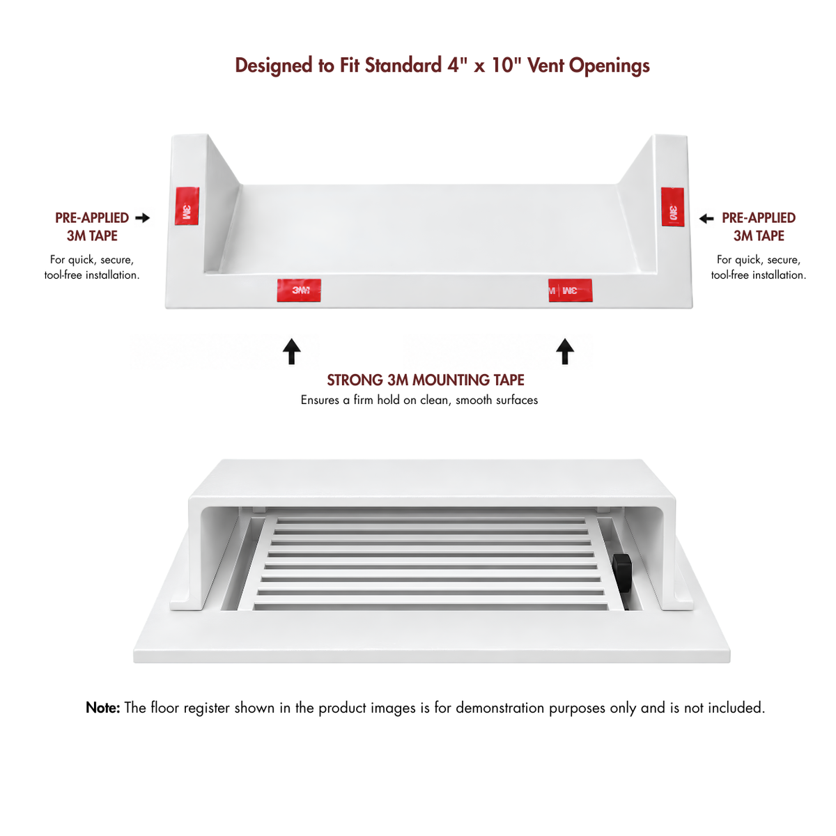 A white deflector pre-applied 3M mounting tape and mounting strips shown on a vent opening, with explanatory text. 
