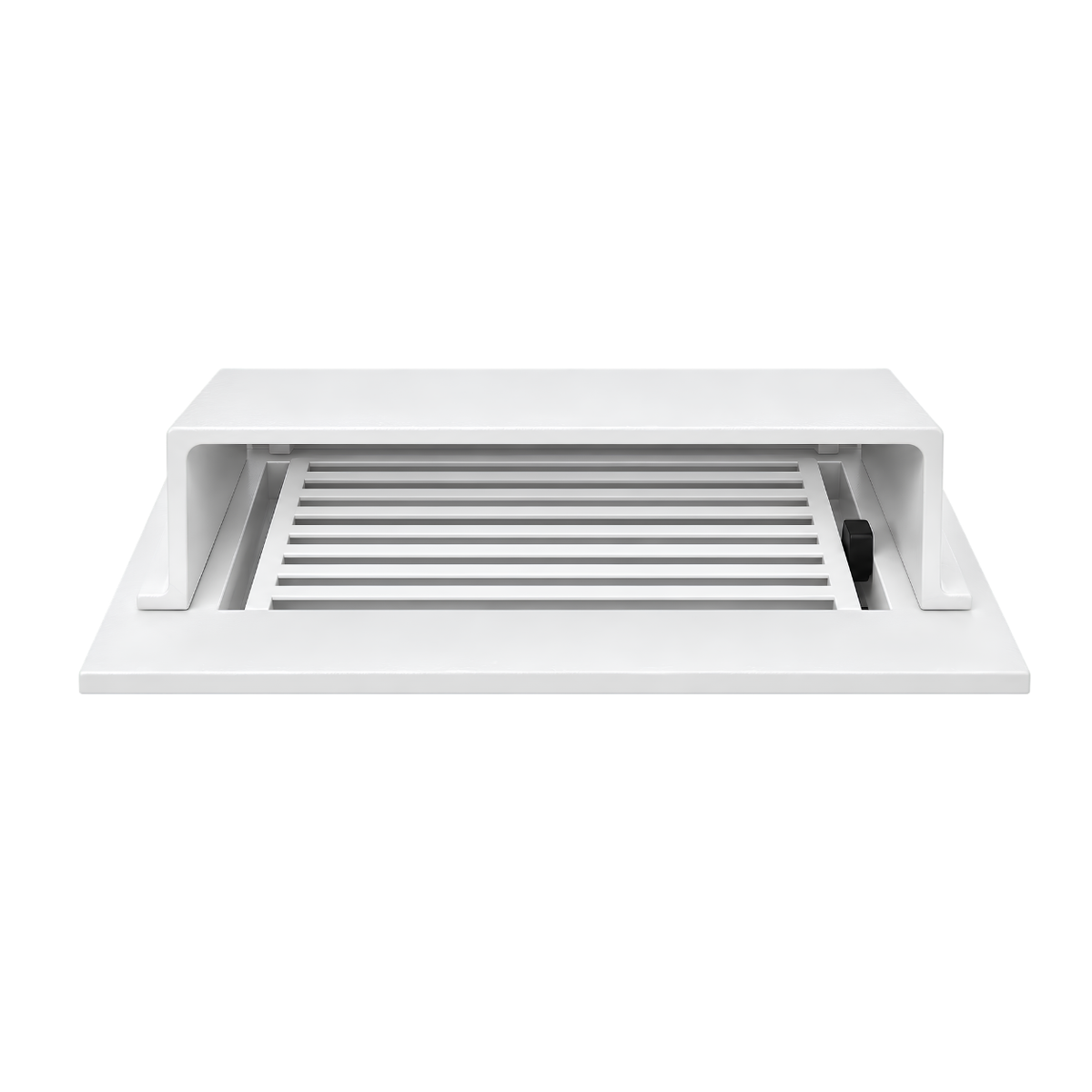 A white deflector sand cast type installed in a floor register in a white background
