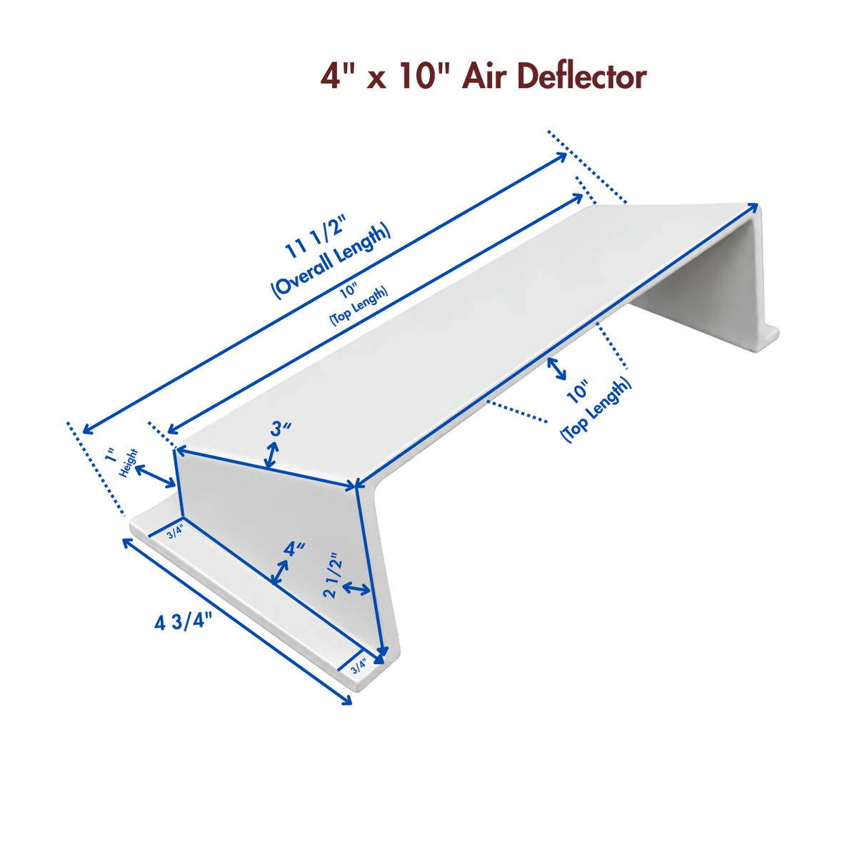 A white deflector shown on a white background with blue dimension lines and text indicating measurements

