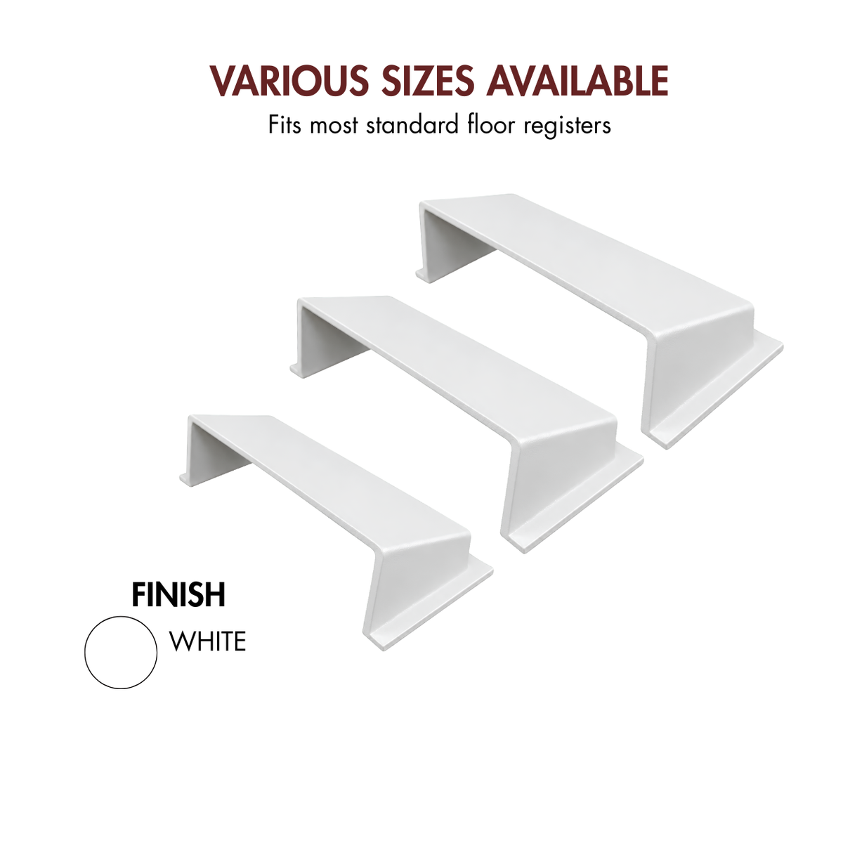 Three white metal drawer deflectors shown on a white background with available finish 
