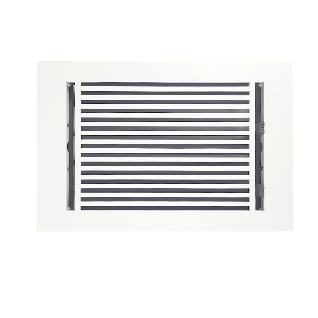 A rectangular white ceiling or wall vent cover with horizontal dark gray slats, shown against a plain white background.