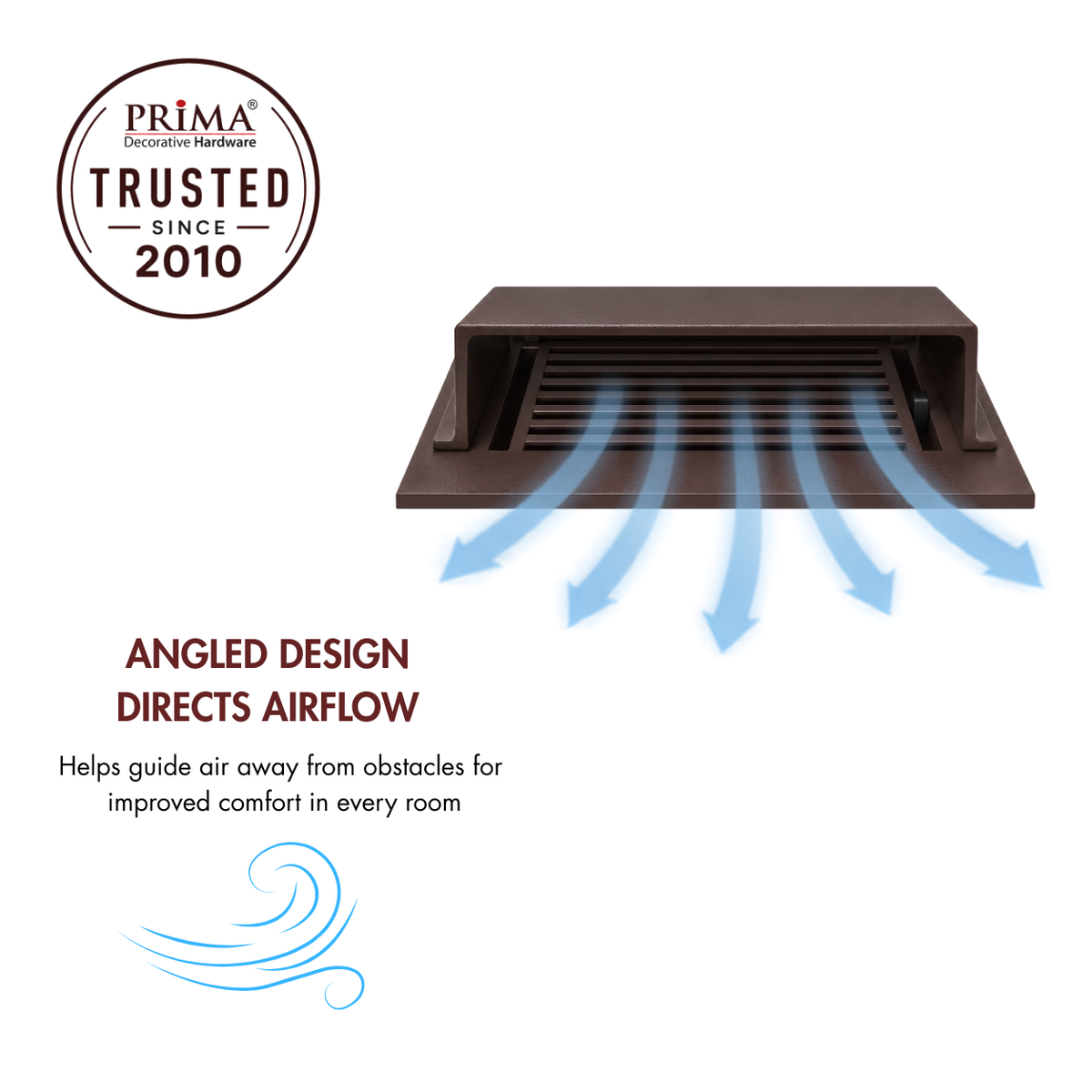 A brown deflector with angled design and blue airflow arrows alongside with trust badge
