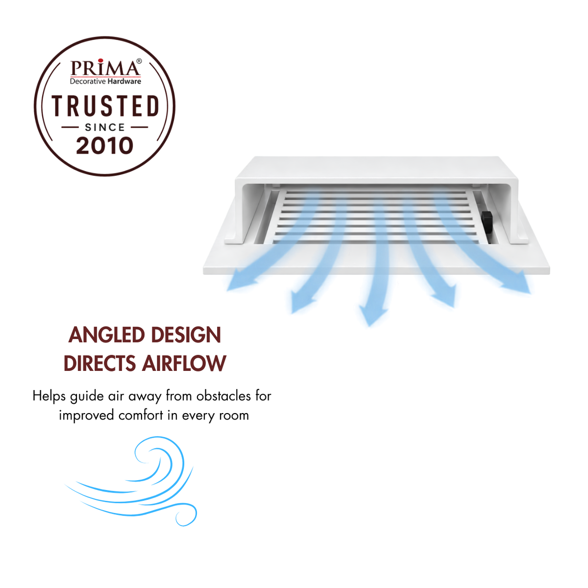 A white deflector with angled design and blue airflow arrows alongside with trust badge
