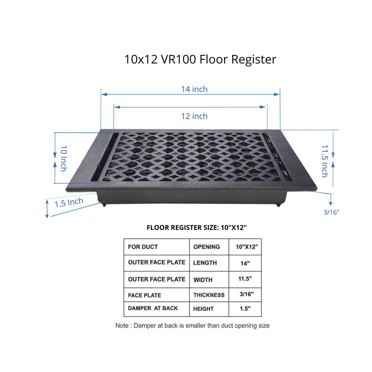 Cast Iron Floor Register 10" x 12” with Damper, Tudor Mushroom Design Vent Cover VR100