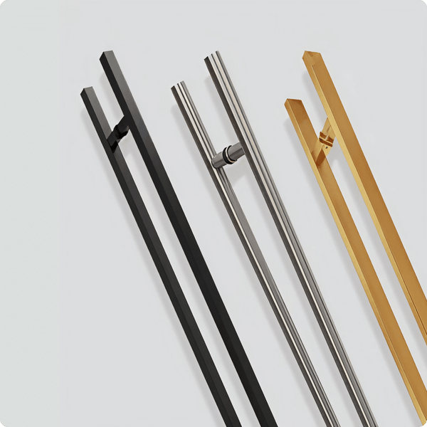 Four pairs of modern chopsticks in black, silver, and gold colors are arranged diagonally on a light background. Each pair has a unique geometric design near the top.