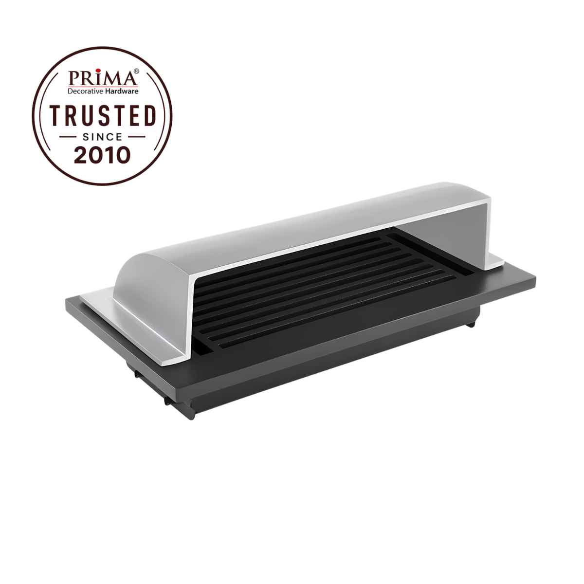 A 4x10 matte silver dome deflector design in a white background with a trust badge 
