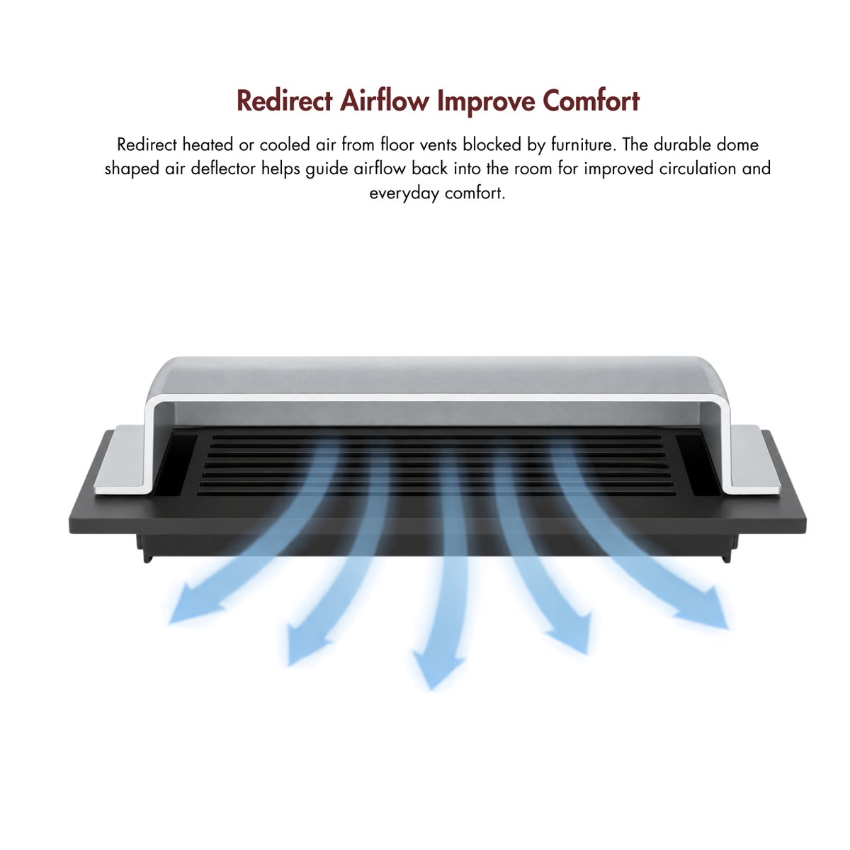 A 4x14 matte silver dome deflector design shown on a white background with blue airflow arrows 
