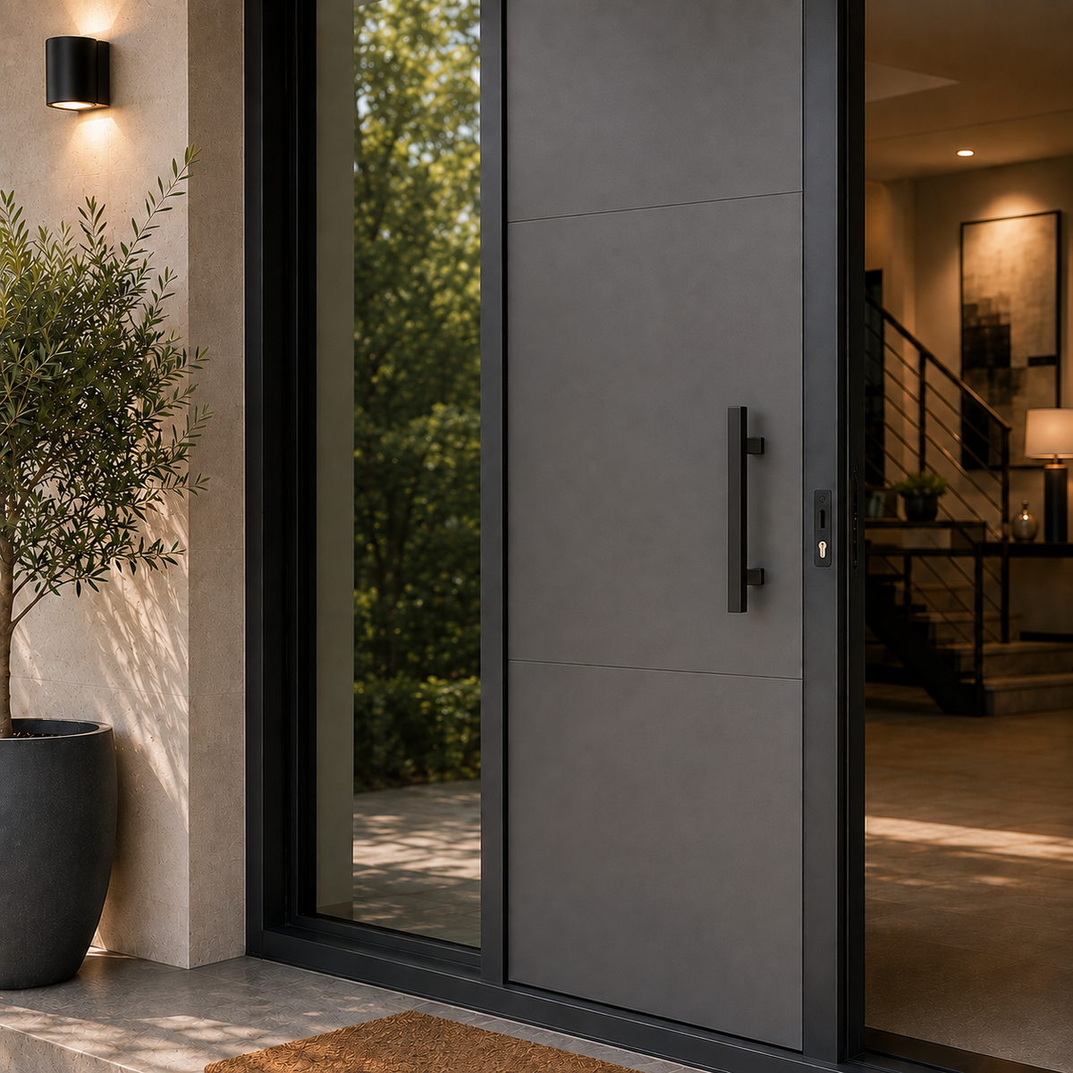 A black rectangle door handle installed in a grey door
