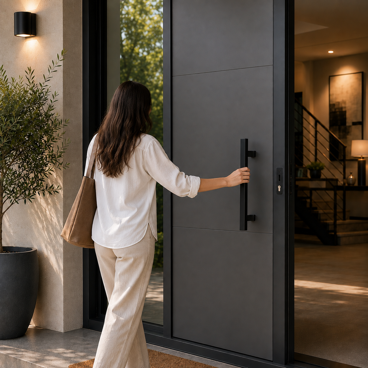 A woman holding the rectangle door pull handle going inside
