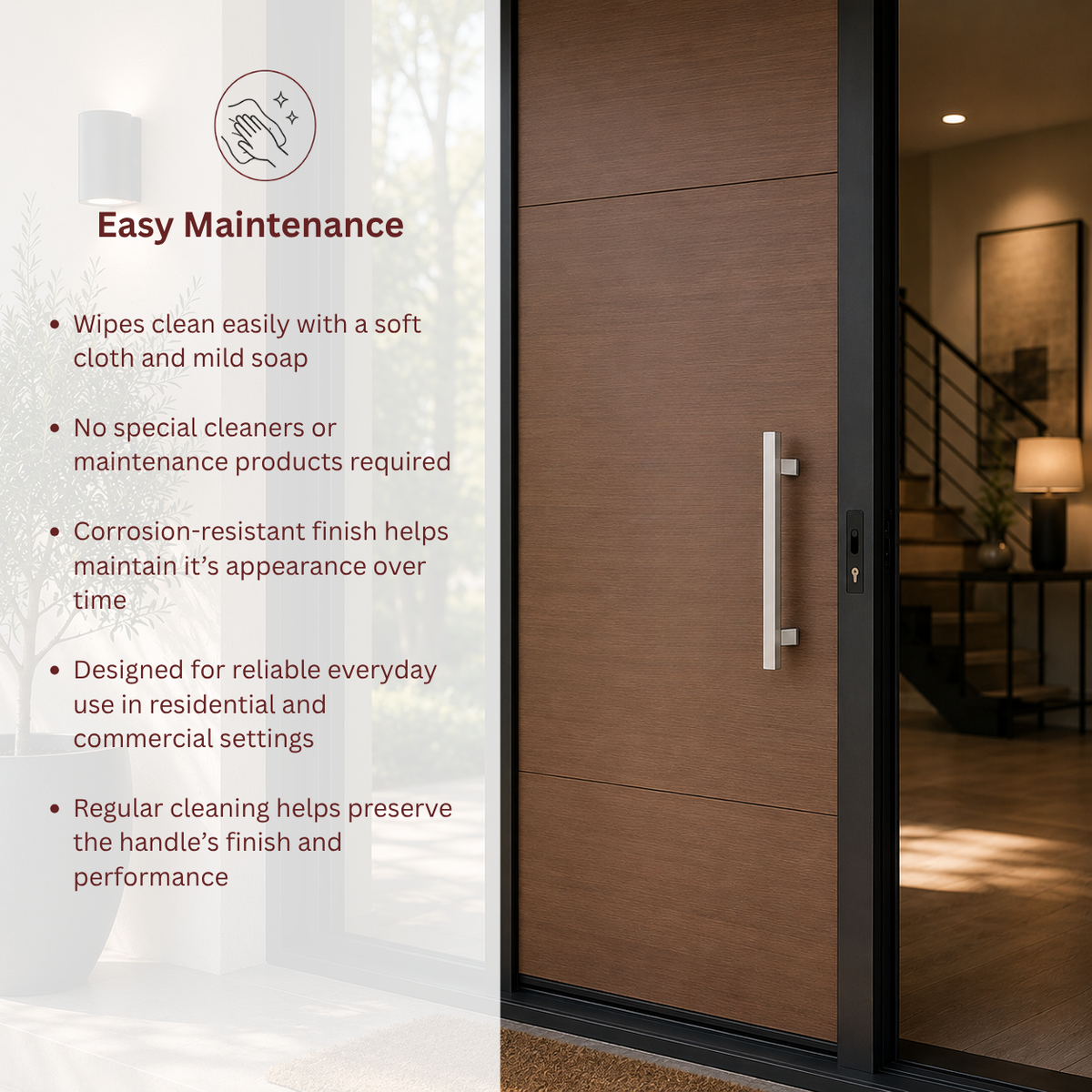 A modern brown exterior door with a slim vertical handle, shown in a real entryway setting with a glass side panel 