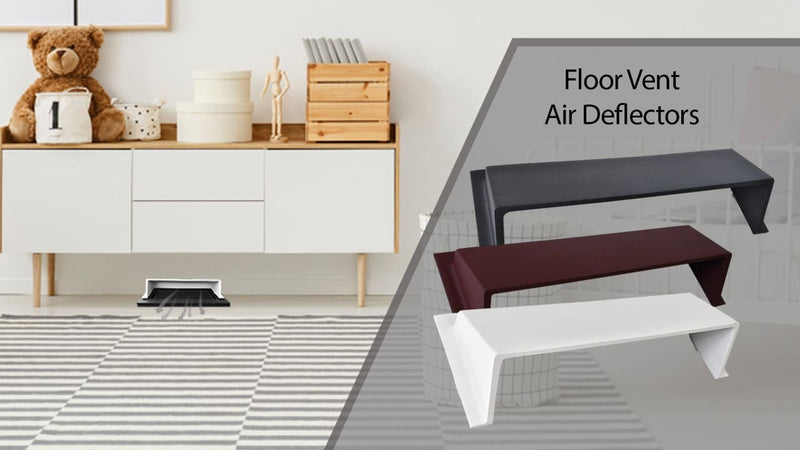 A childrens room with a striped rug, dresser, teddy bear, and a floor vent air deflector. Inset: three different colored floor vent air deflectors labeled Floor Vent Air Deflectors.