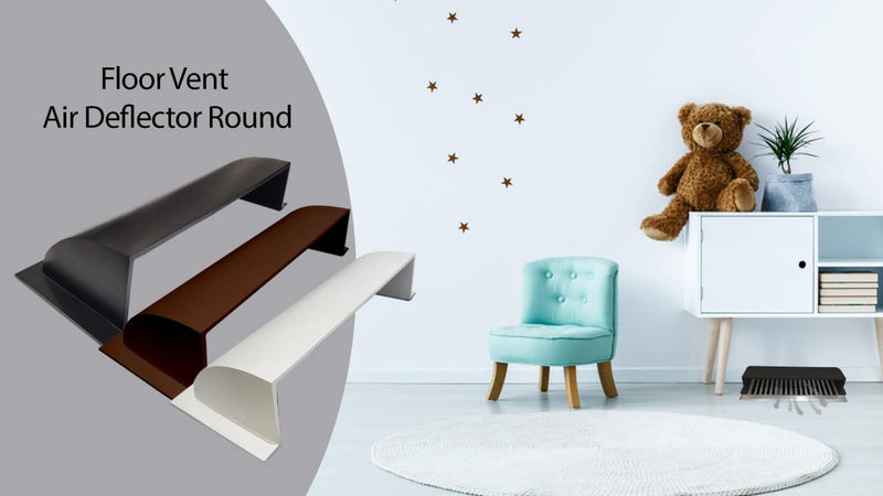 Three floor vent air deflectors in black, brown, and white are displayed. In the background is a child’s room with a teddy bear, blue chair, white cabinet, rug, and wall stickers shaped like stars.