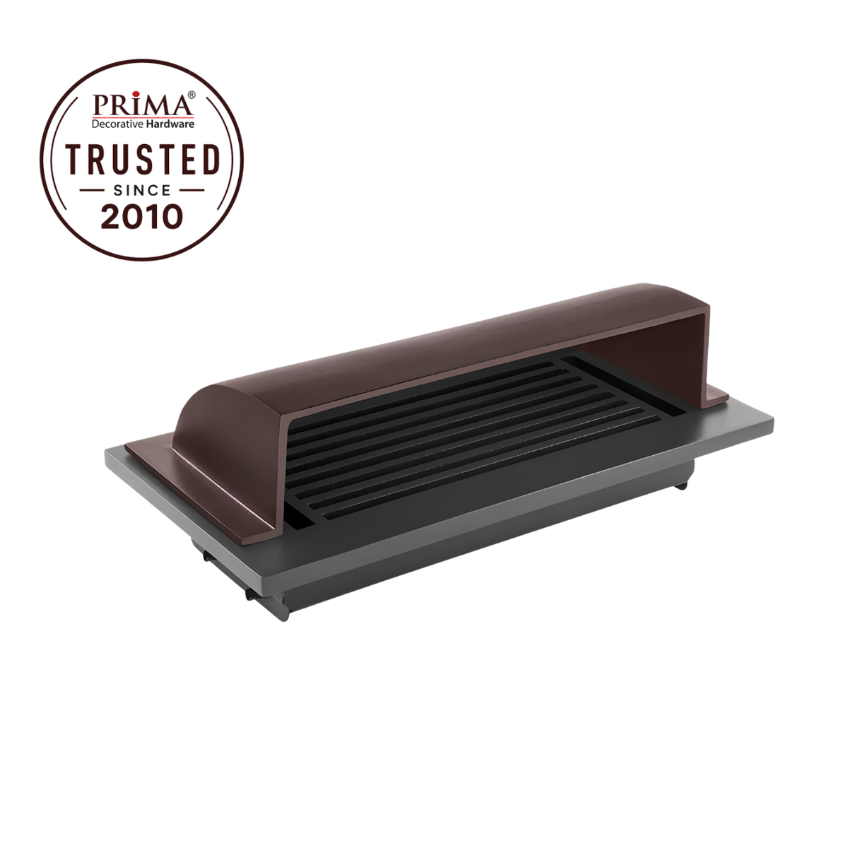 A 4x14 Brown dome deflector design in a white background with a trust badge 
