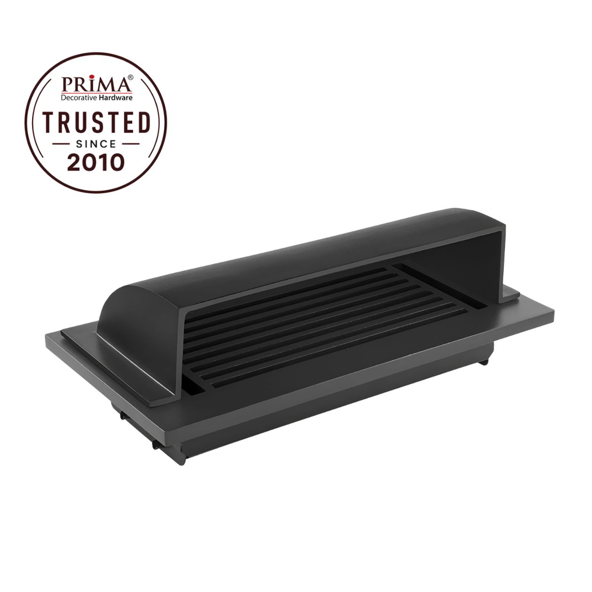 A black dome deflector design in a white background with a trust badge 
