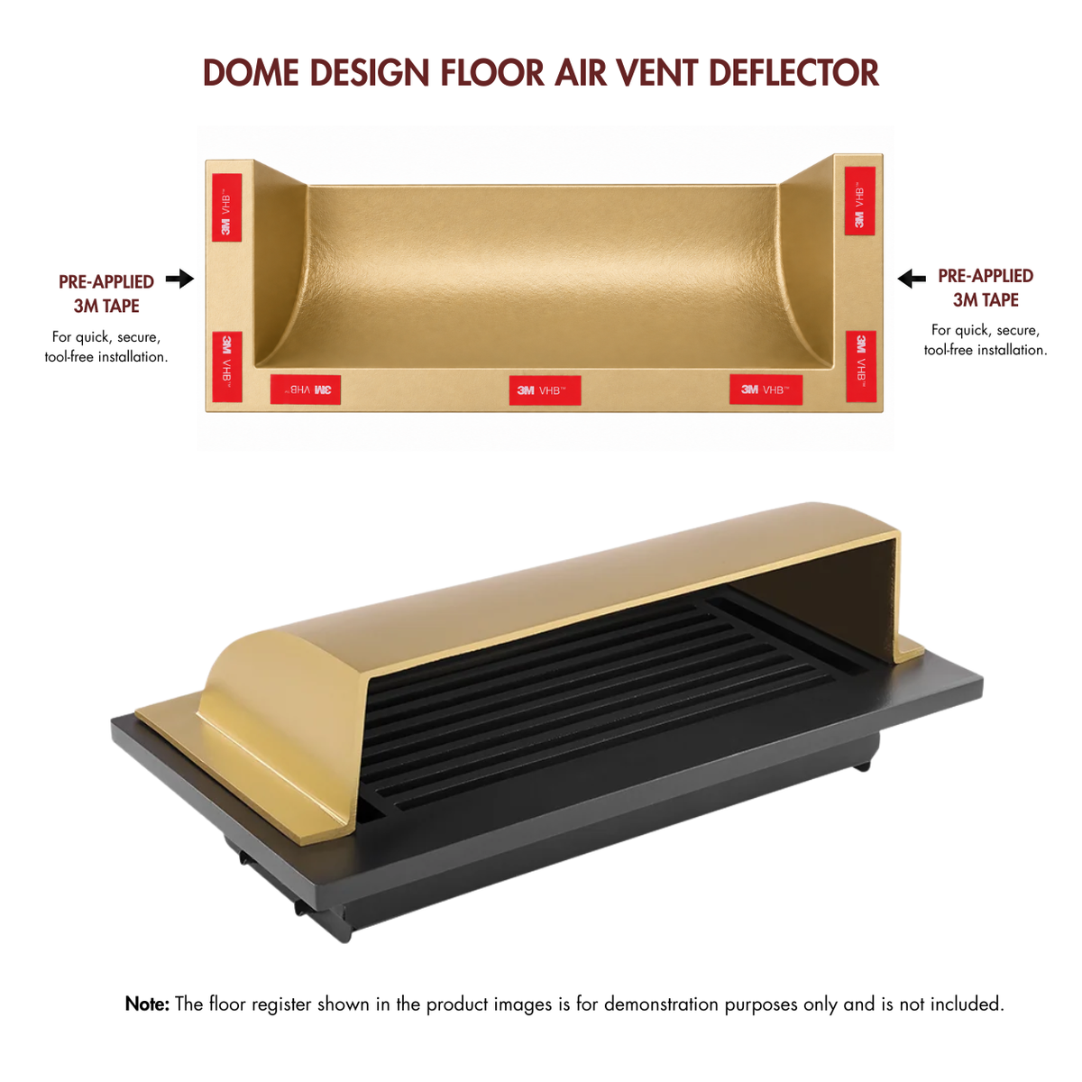 A 4x12 matte gold deflector design shown from the front and side angles with pre-applied 3M tape and mounting tape.
