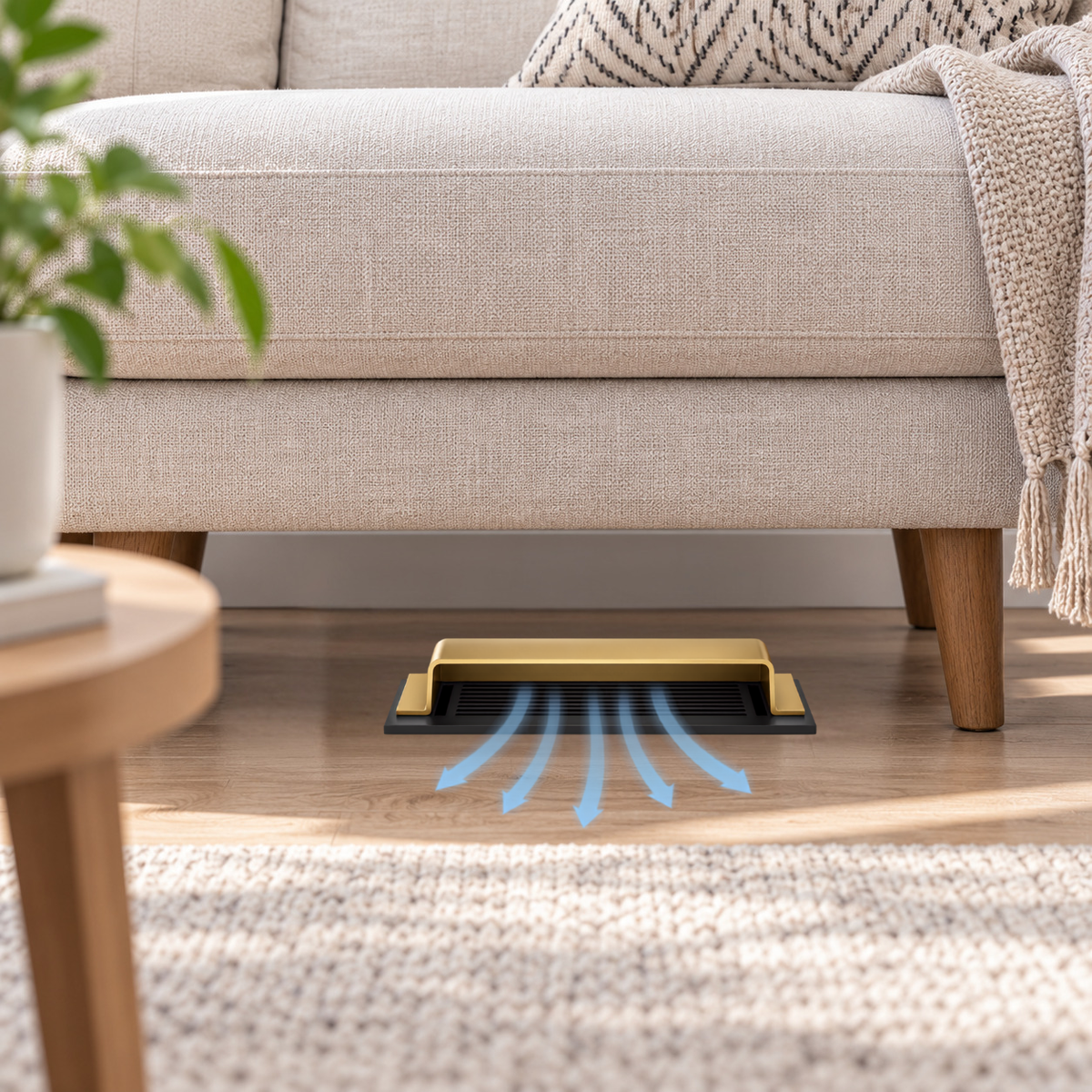 A 4x10 matte gold dome deflector installed in a hero lifestyle under the sofa 
