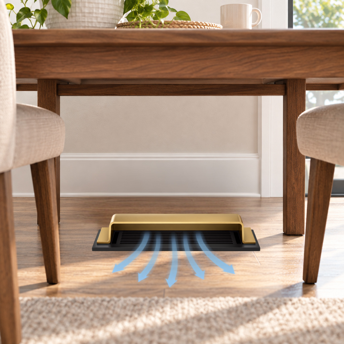 A 4x10 matte gold dome deflector design installed in a hero lifestyle under the table

