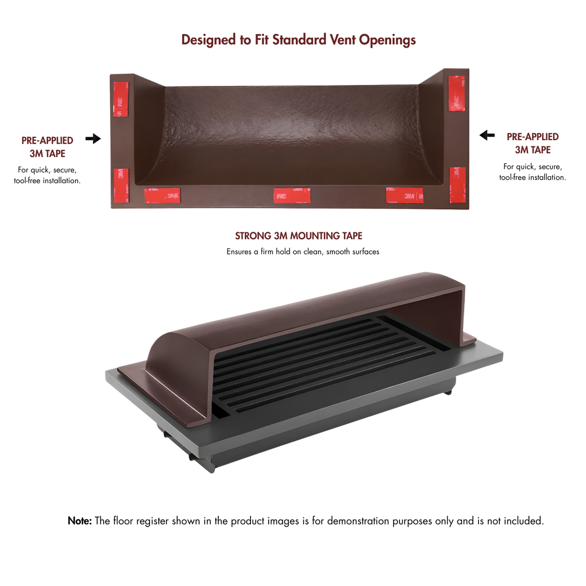 A 4x12 Brown dome deflector shown from the front and side angles with text detailing pre-applied 3M tape and mounting tape.
