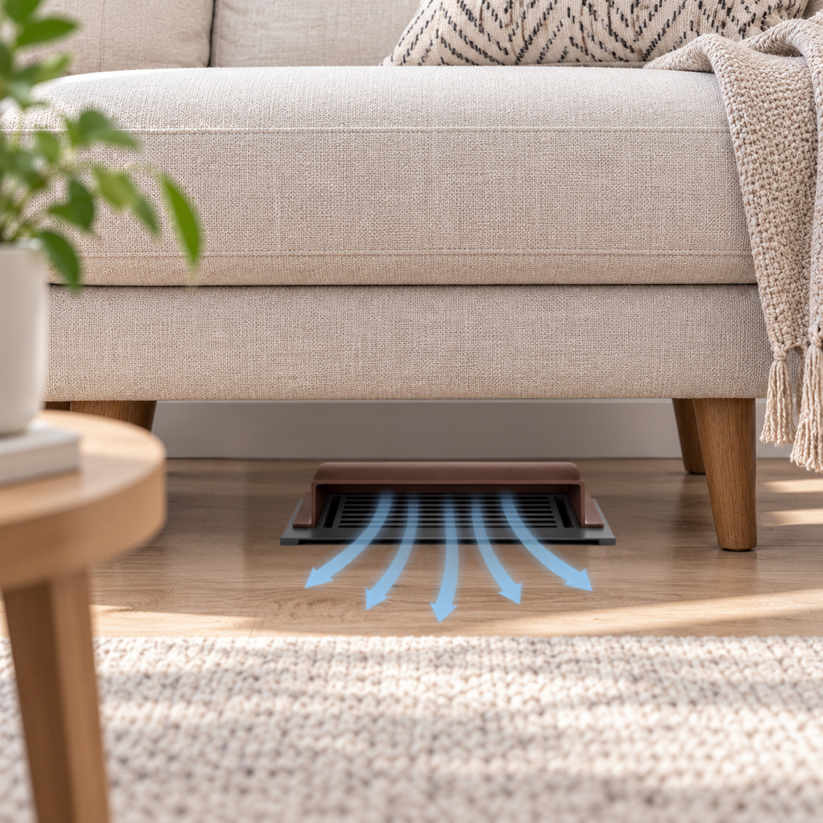 A 4x14 Brown dome deflector installed in a hero lifestyle under the sofa 
