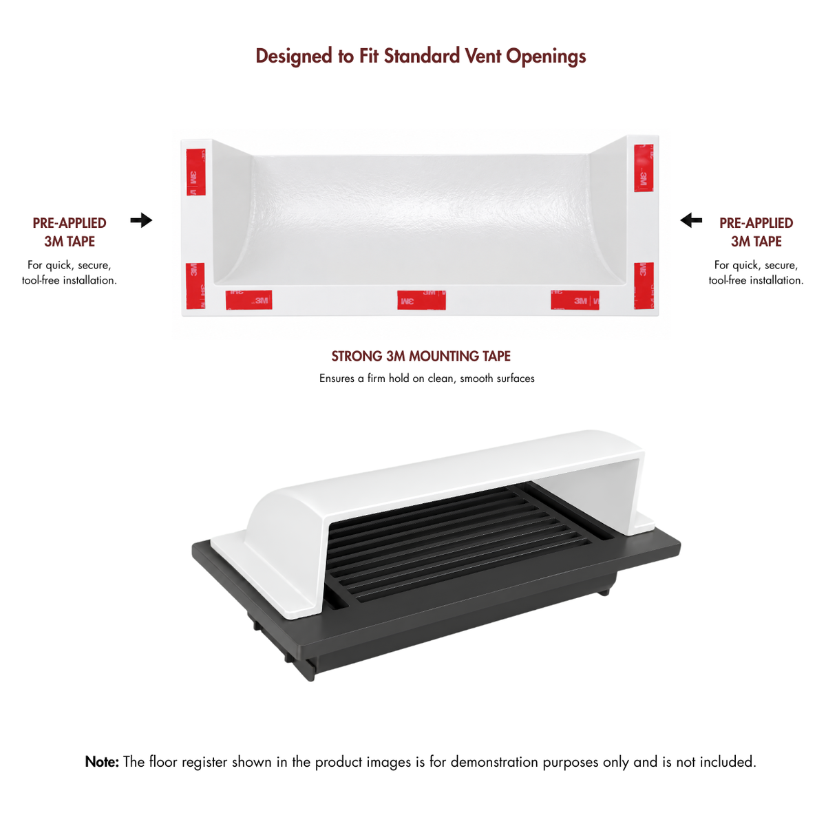 A 4x14 White dome deflector shown from the front and side angles with text detailing pre-applied 3M tape and mounting tape.
