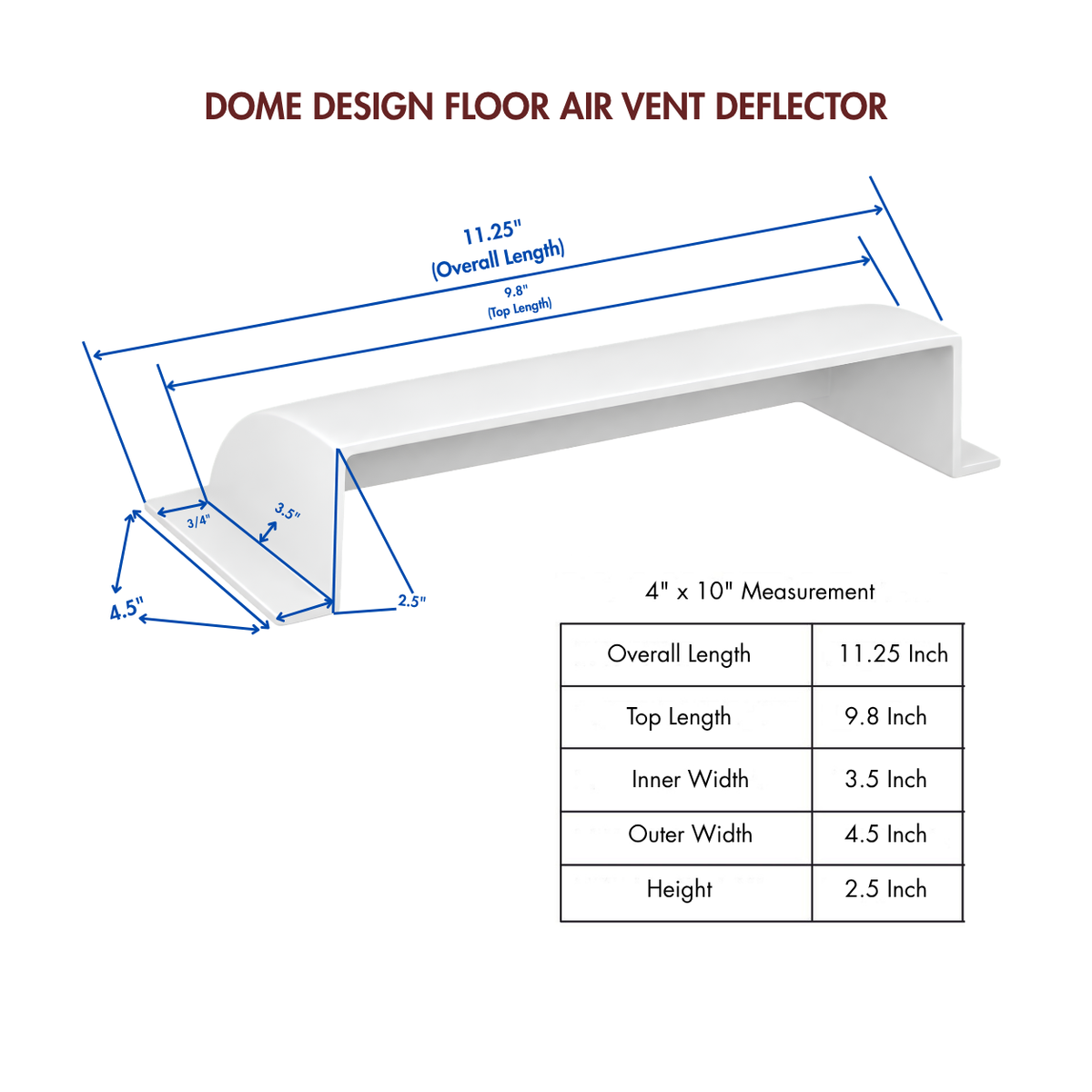 A 4x10 White dome deflector design in a white background with measurements attached 

