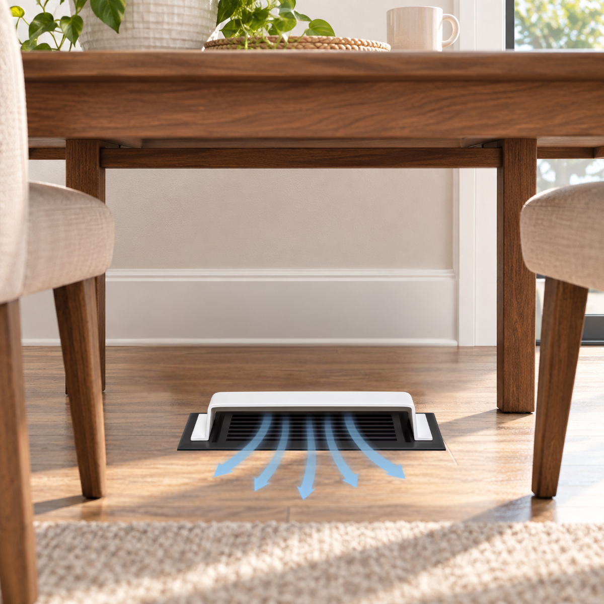 A 4x14 White dome deflector installed in a hero lifestyle under the table

