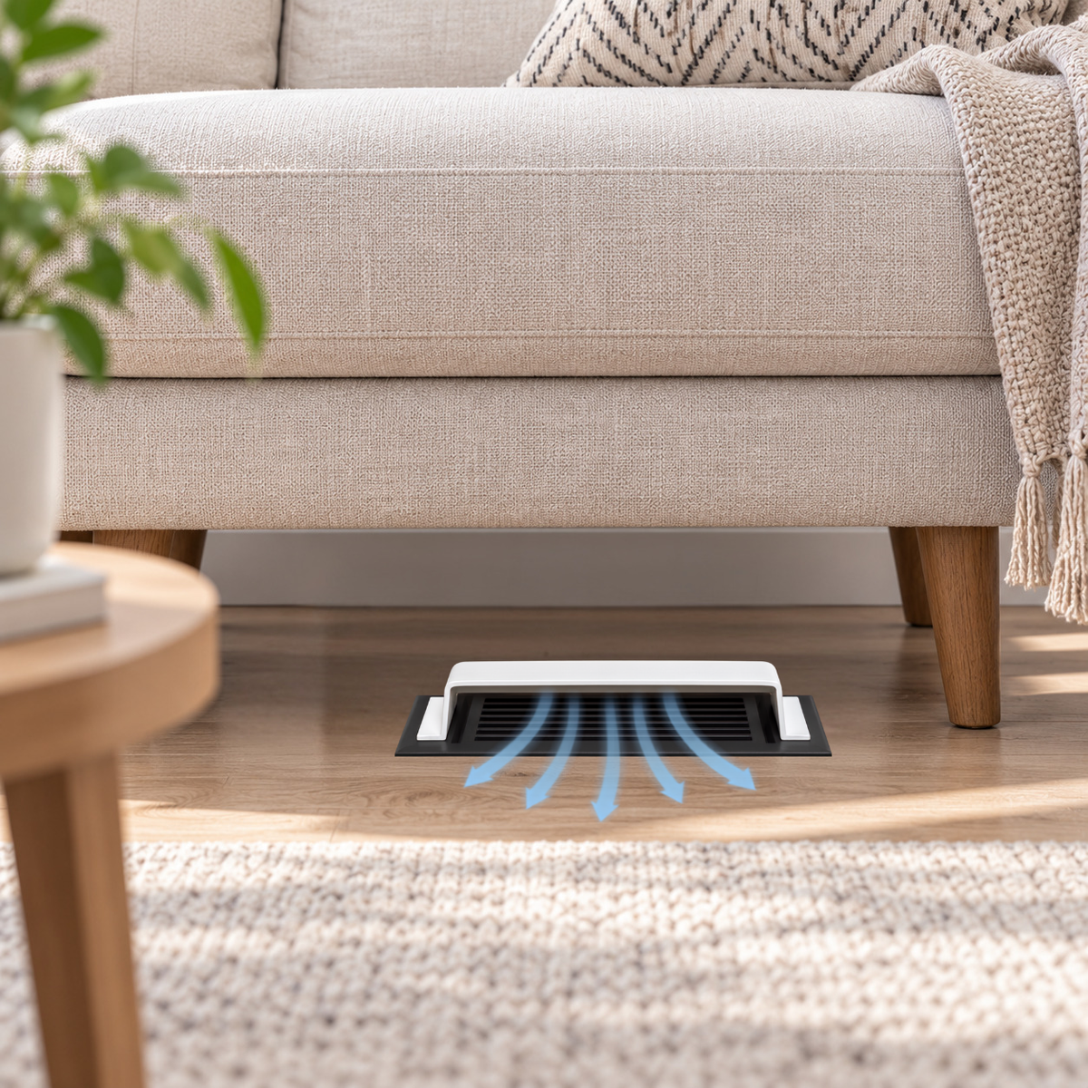 A 4x14 White dome deflector installed in a hero lifestyle under the sofa 

