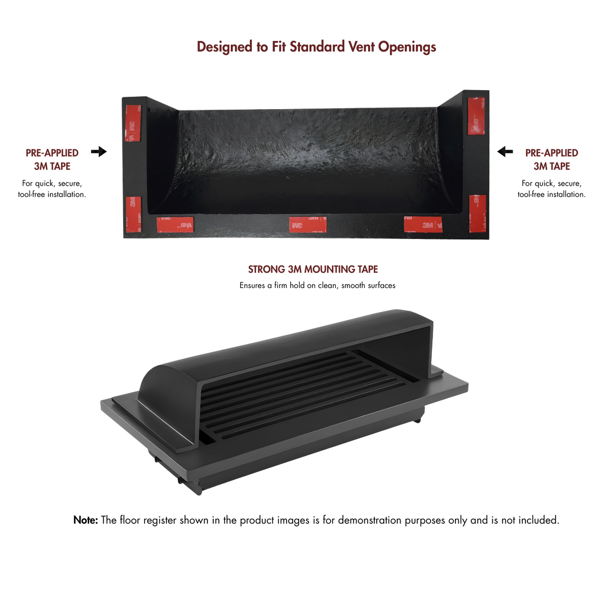 A 4x10 black dome deflector shown from the front and side angles with text detailing pre-applied 3M tape and mounting tape.
