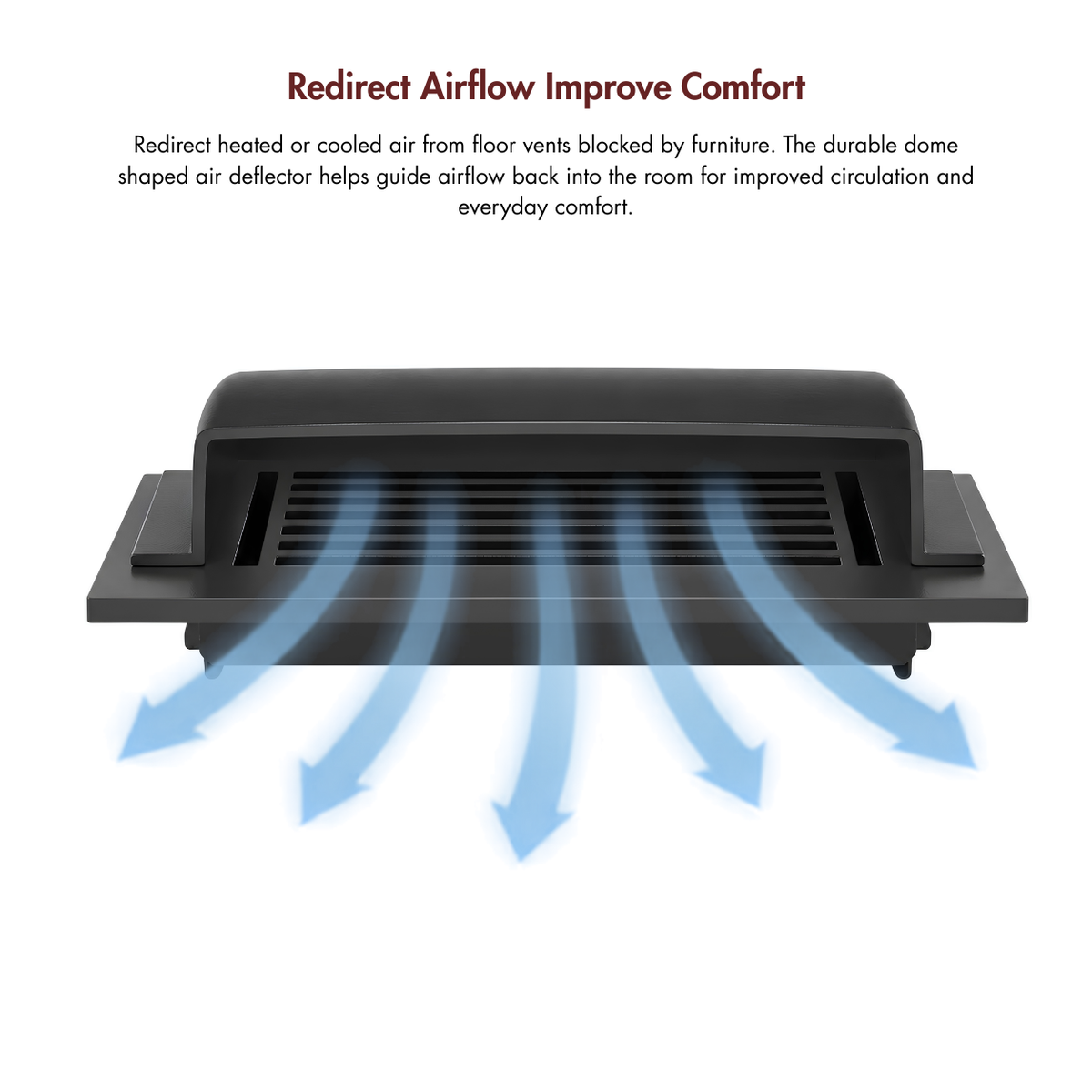 A black dome-shaped air deflector vent shown on a white background with blue airflow arrows 
