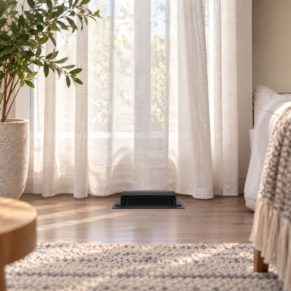 A black dome deflector installed in a hero lifestyle beside the curtain
