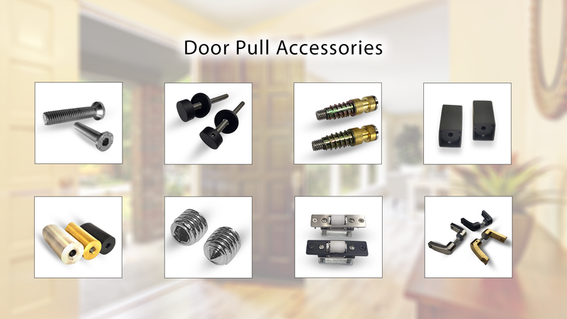A display of various door pull accessories, including screws, bushings, springs, rectangular parts, cylindrical components, threaded inserts, hinges, and curved handles, arranged on a blurred home interior background.