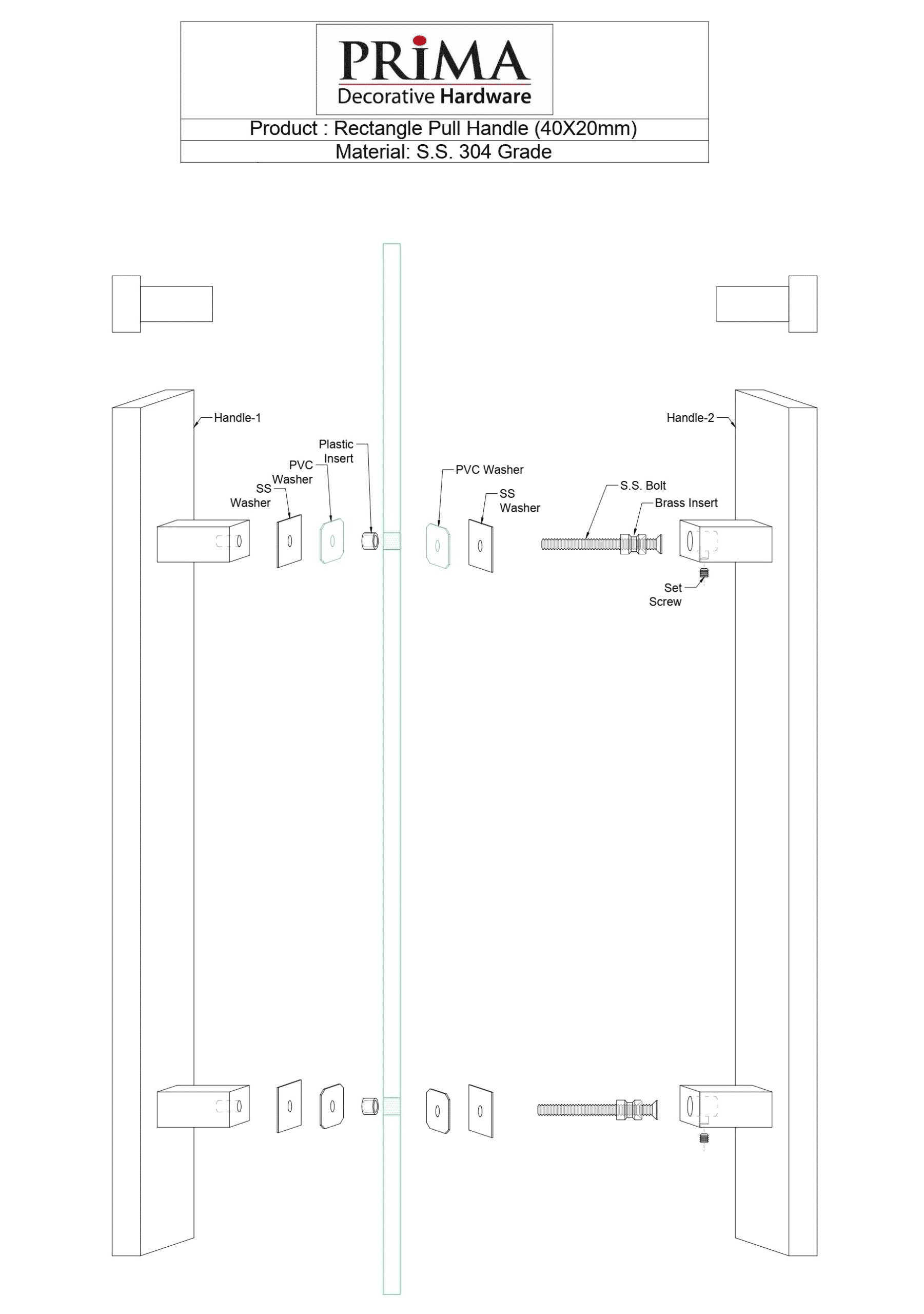 Exploded diagram of a Prima Decorative Hardware black matte door handle shows labeled parts, washers, bolts, and brass inserts for both glass door sides. Product details for this decorative pull handle are listed at the top.