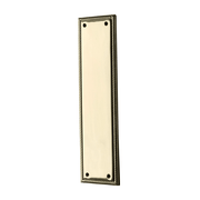 A rectangular cast brass door push plate by Prima Decorative Hardware has a polished finish, twisted rope pattern border, and four corner screws, shown from an angle on a white background.