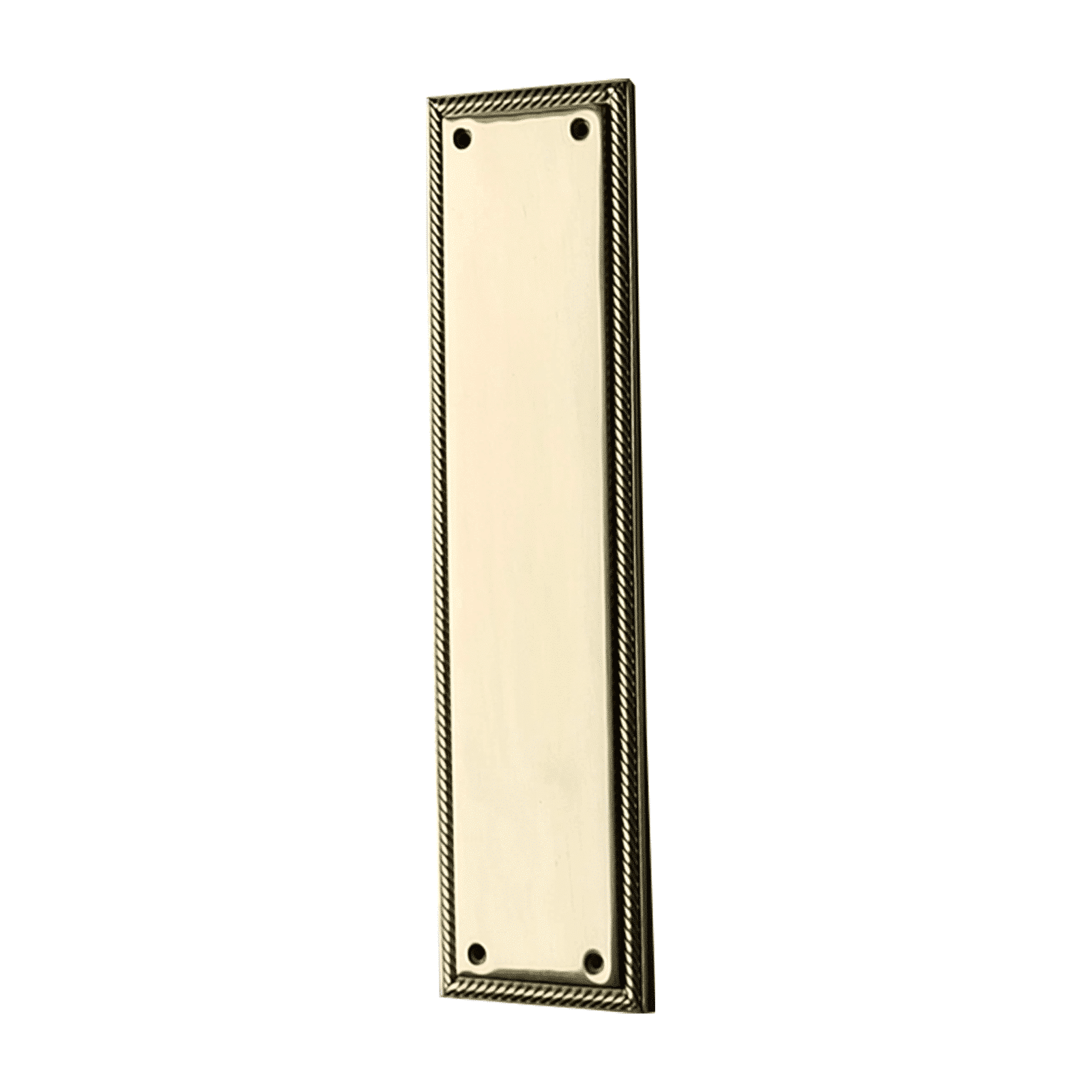 A rectangular cast brass door push plate by Prima Decorative Hardware has a polished finish, twisted rope pattern border, and four corner screws, shown from an angle on a white background.