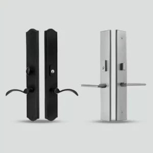 Two modern door handles are shown side by side on a plain background; the left handle is black with curved levers, and the right handle is silver with straight levers.