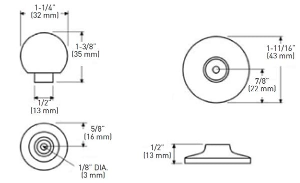 Technical drawing of a Taymor Industries round zinc diecast cabinet knob: 1-1/4" diameter, 1-3/8" height, 1-1/16" base diameter, 5/8" base top diameter, 1/8" central hole. Specs include a break-off screw.