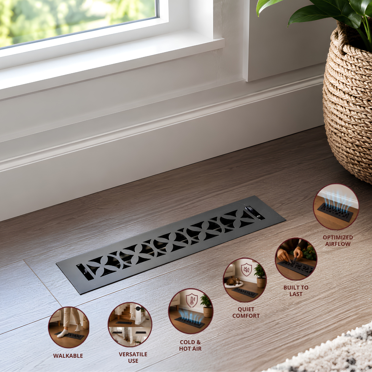 Cast Iron Floor Register 2" x 12” with Damper, Tudor Mushroom Design Vent Cover VR100