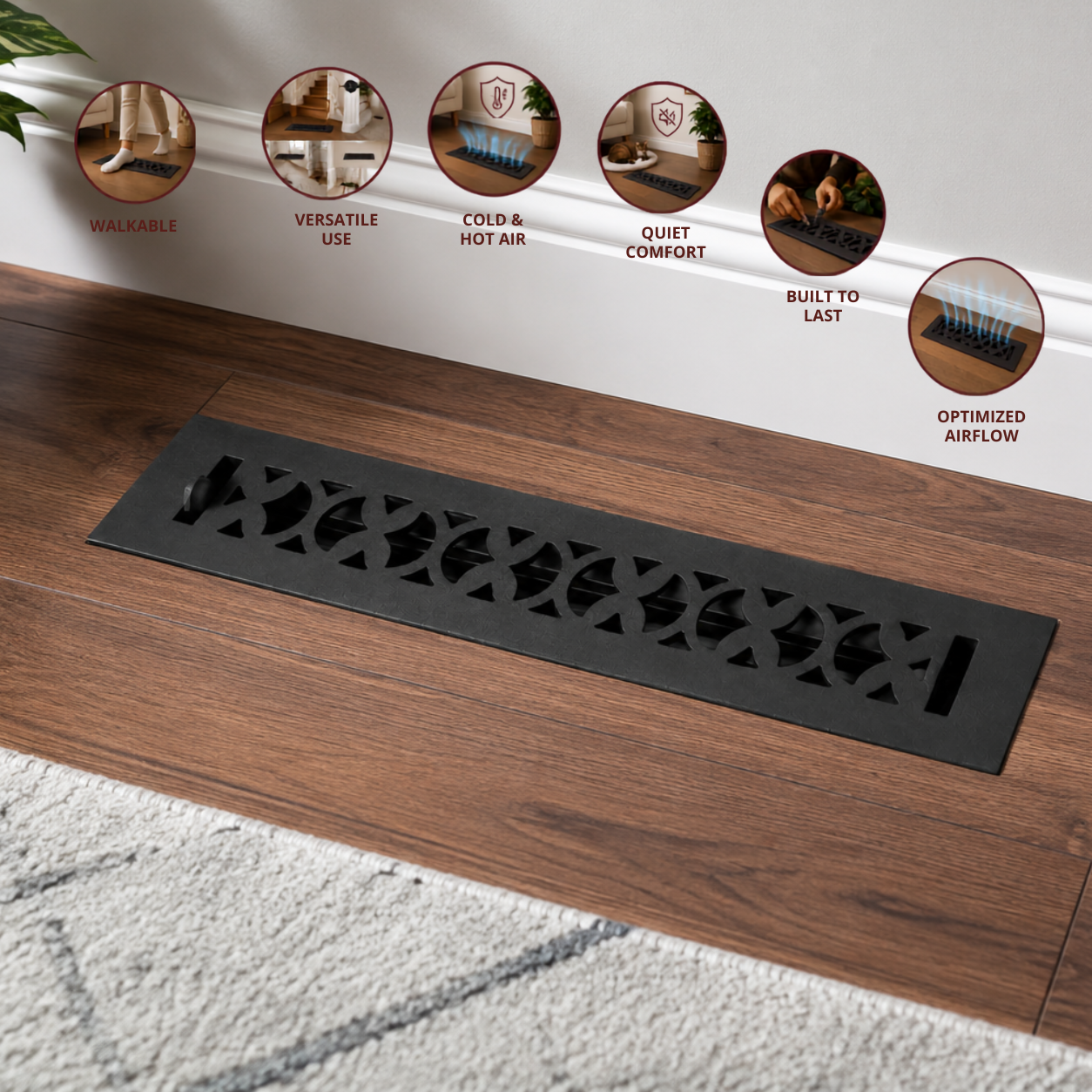 Cast Iron Floor Register 2" x 14” with Damper, Tudor Mushroom Design Vent Cover VR100