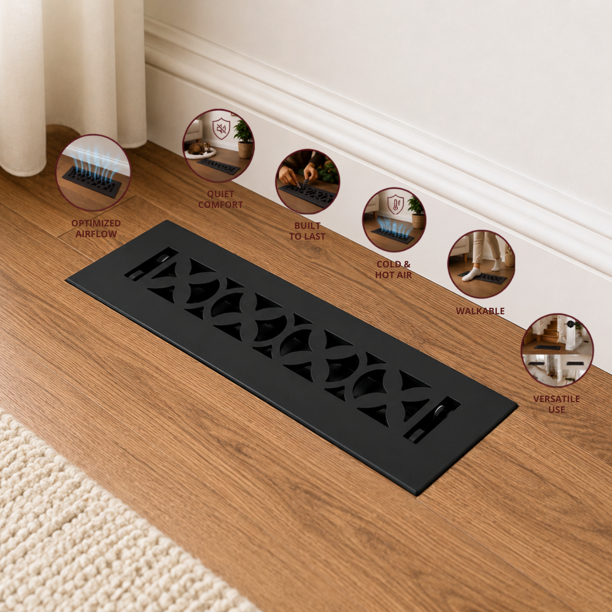 Cast Iron Floor Register 2" x 10” with Damper, Tudor Mushroom Design Vent Cover VR100