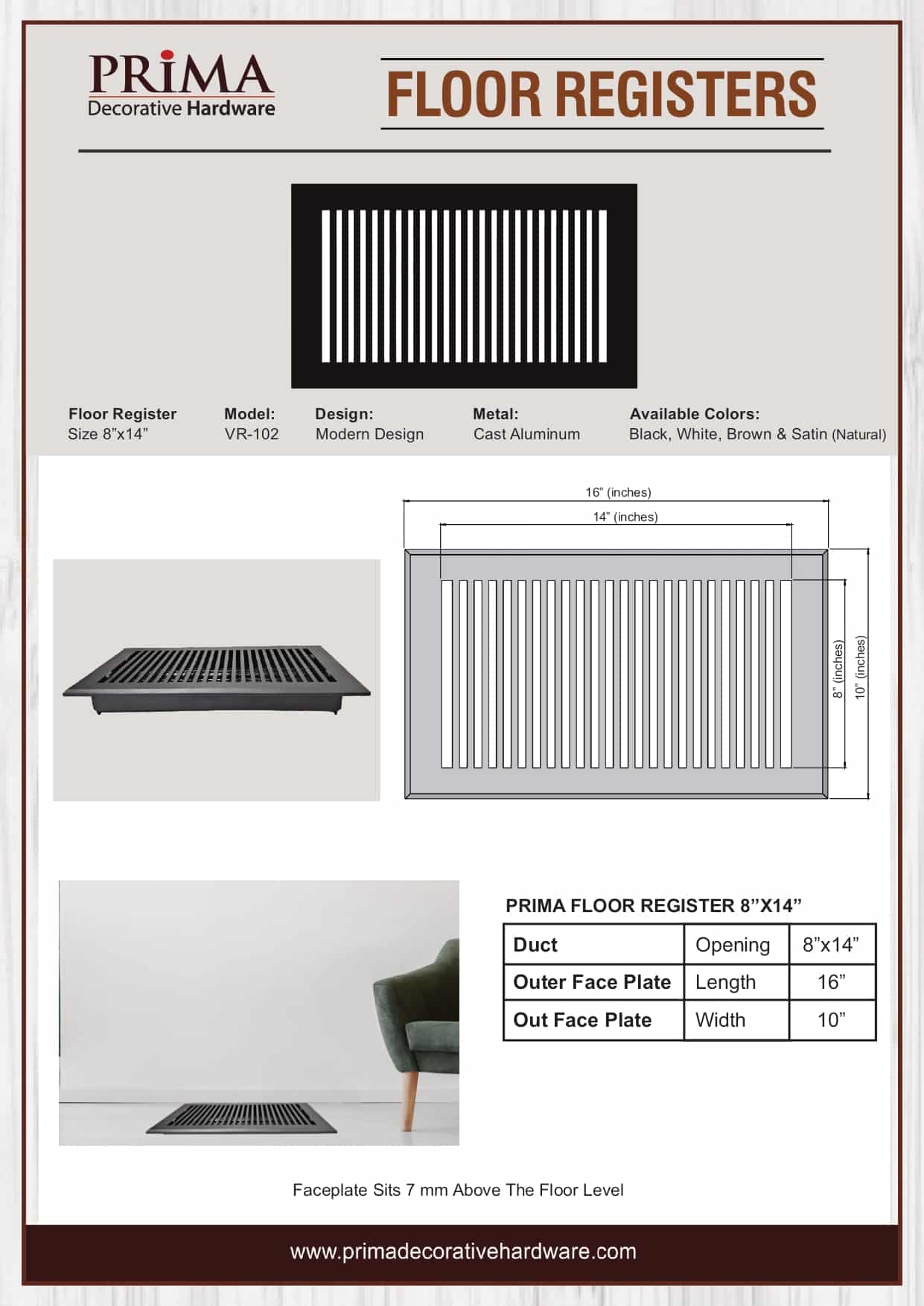 Floor Vent Cover / Register Size: 8” x 14” with Damper top faceplate outer size 10″ x 16″, thickness 5 mm, high-quality metal - cast aluminum powder coated Re-paintable for floors, walls, and ceilings - Modern and Contemporary Design (VR 102)