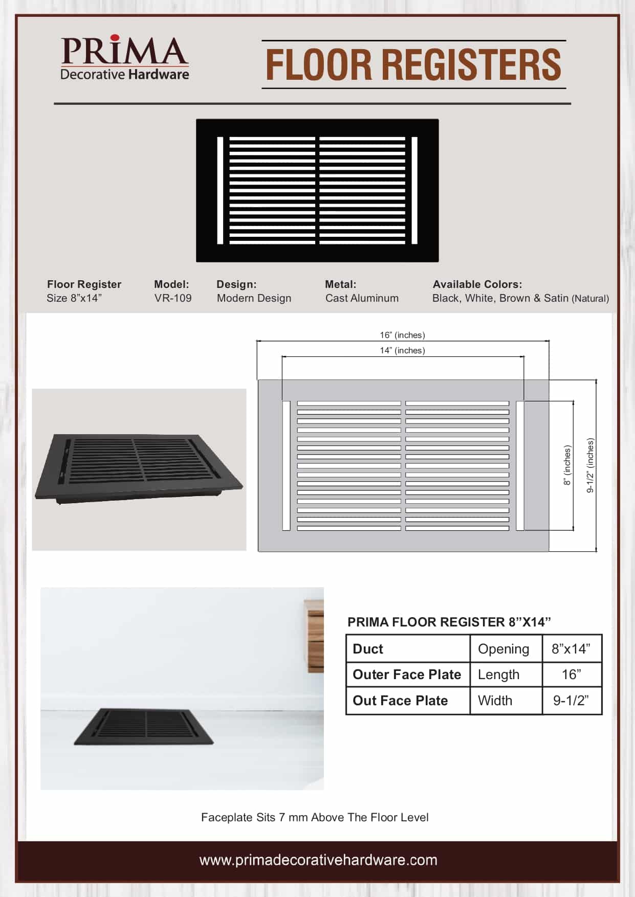 Floor Vent Cover / Register Size: 8” x 14” with Damper top faceplate outer size 9-1/2” x16”, thickness 5 mm, high-quality metal - cast aluminum powder coated Re-paintable for floors, walls, and ceilings - Modern Linear  Design (VR 109)