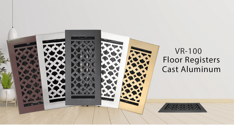 Five decorative cast aluminum floor registers in different finishes are displayed upright in a living room, with VR-100 Floor Registers Cast Aluminum text on the right. One register is shown installed in the floor.