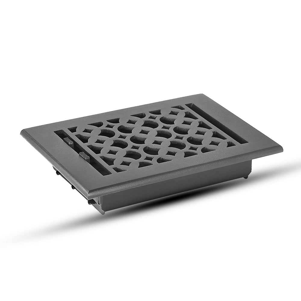 Floor Vent Cover / Register Size: 6” x 8” VR100 with Damper top faceplate outer size 7-1/4″ x 9-3/4″, thickness 5 mm, decorative handcrafted high-quality metal – cast aluminum powder coated Re-paintable for floors, walls, and ceilings