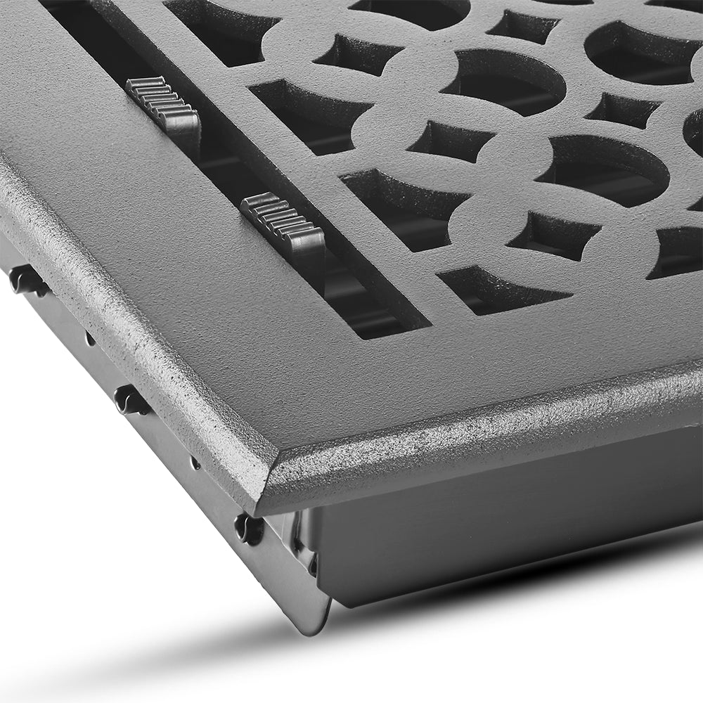 Floor Vent Cover / Register Size: 6” x 8” VR100 with Damper top faceplate outer size 7-1/4″ x 9-3/4″, thickness 5 mm, decorative handcrafted high-quality metal – cast aluminum powder coated Re-paintable for floors, walls, and ceilings