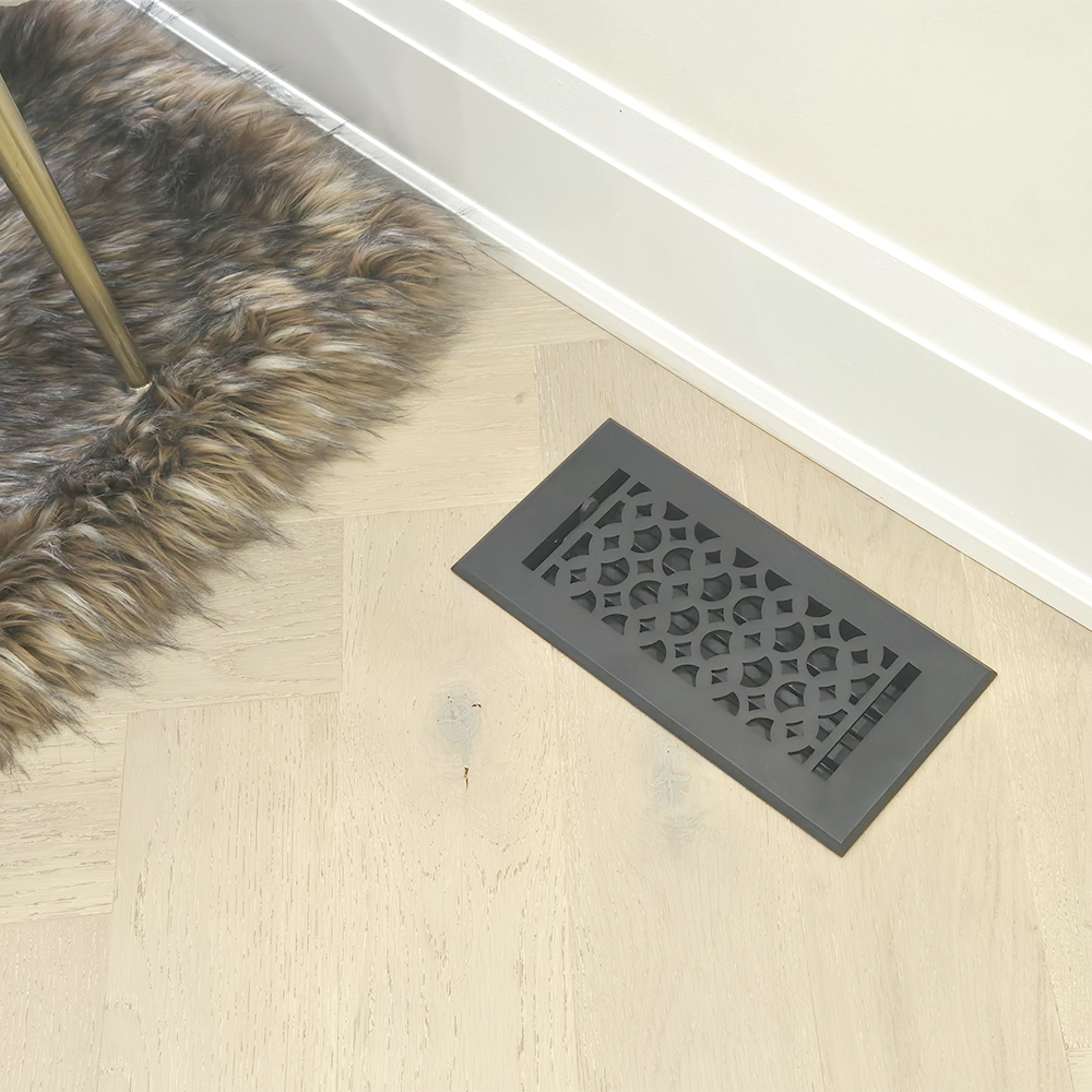 Floor Vent Cover / Register Size: 8” x 10” VR100 with Damper top faceplate outer size 9-1/4″ X 11-3/4″, thickness 5 mm, decorative handcrafted high-quality metal – cast aluminum powder coated Re-paintable for floors, walls, and ceilings