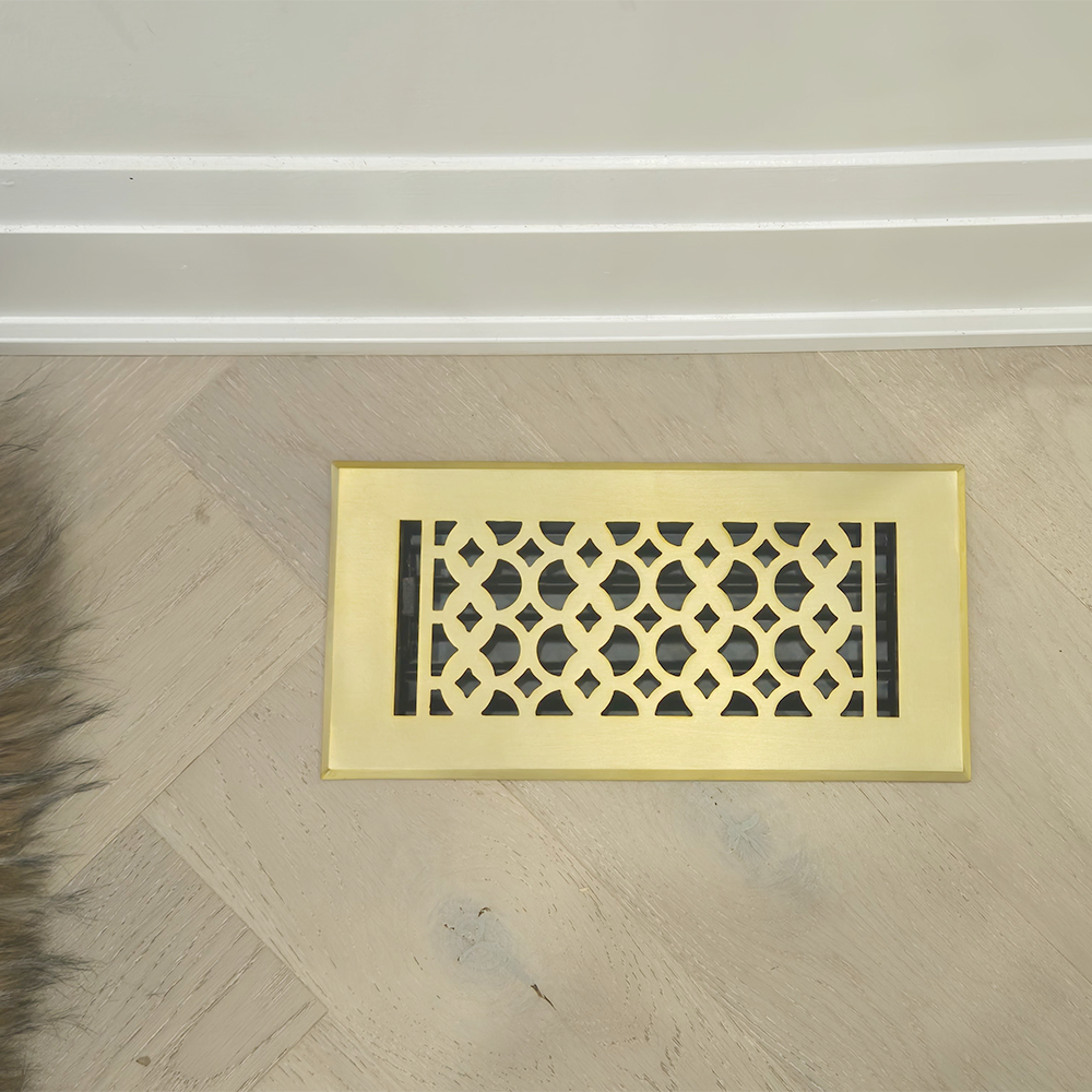 Floor Vent Cover / Register Size: 3” x 10” VR100 with Damper top faceplate outer size 12″x5″, thickness 5 mm, decorative handcrafted high-quality metal - cast aluminum Brushed Gold Re-paintable for floors, walls, and ceilings