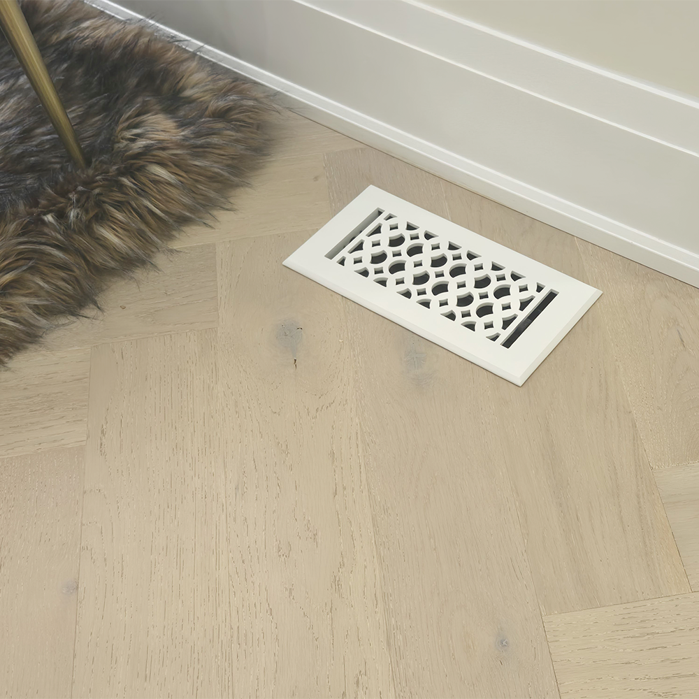 Floor Vent Cover / Register Size: 8” x 10” VR100 with Damper top faceplate outer size 9-1/4″ X 11-3/4″, thickness 5 mm, decorative handcrafted high-quality metal – cast aluminum powder coated Re-paintable for floors, walls, and ceilings