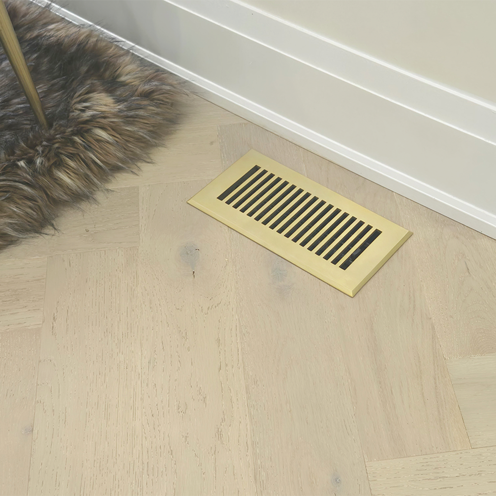 Floor Vent Cover / Register Size: 4” x 10” with Damper top faceplate outer size 6″ x 12″, thickness 5 mm, high-quality metal – cast aluminum brushed gold powder coated Re-paintable for floors, walls, and ceilings – Modern and Contemporary Design (VR 102)